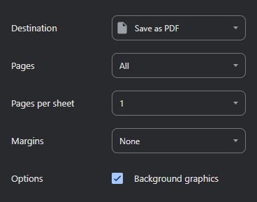 Chrome print settings showing Save as PDF, all pages, one page per sheet, no margins, and background graphics enabled.